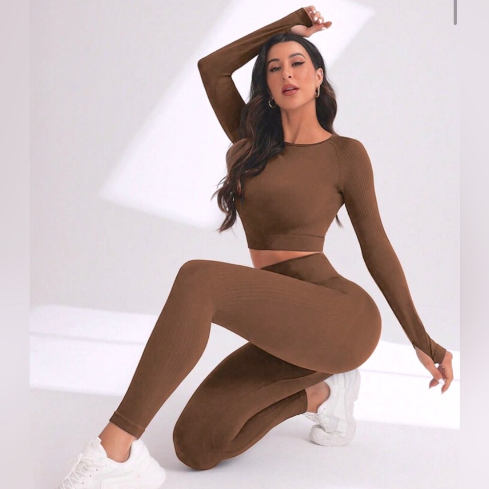 Chic Brown Long Sleeve Top and Leggings Set